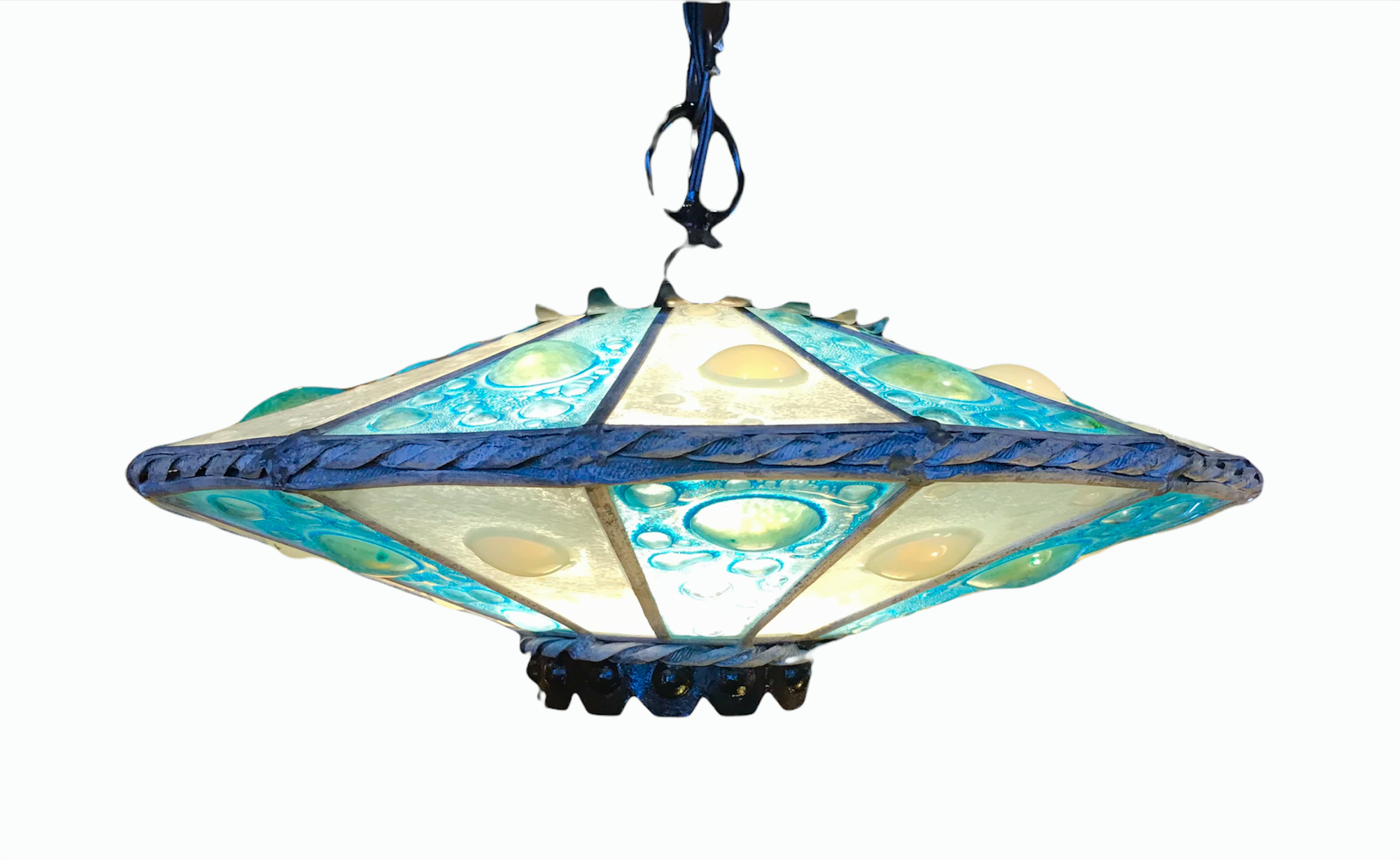 UFO Shaped Mid Century Modern Fused Glass Pendant Chandelier Space Age 1960s