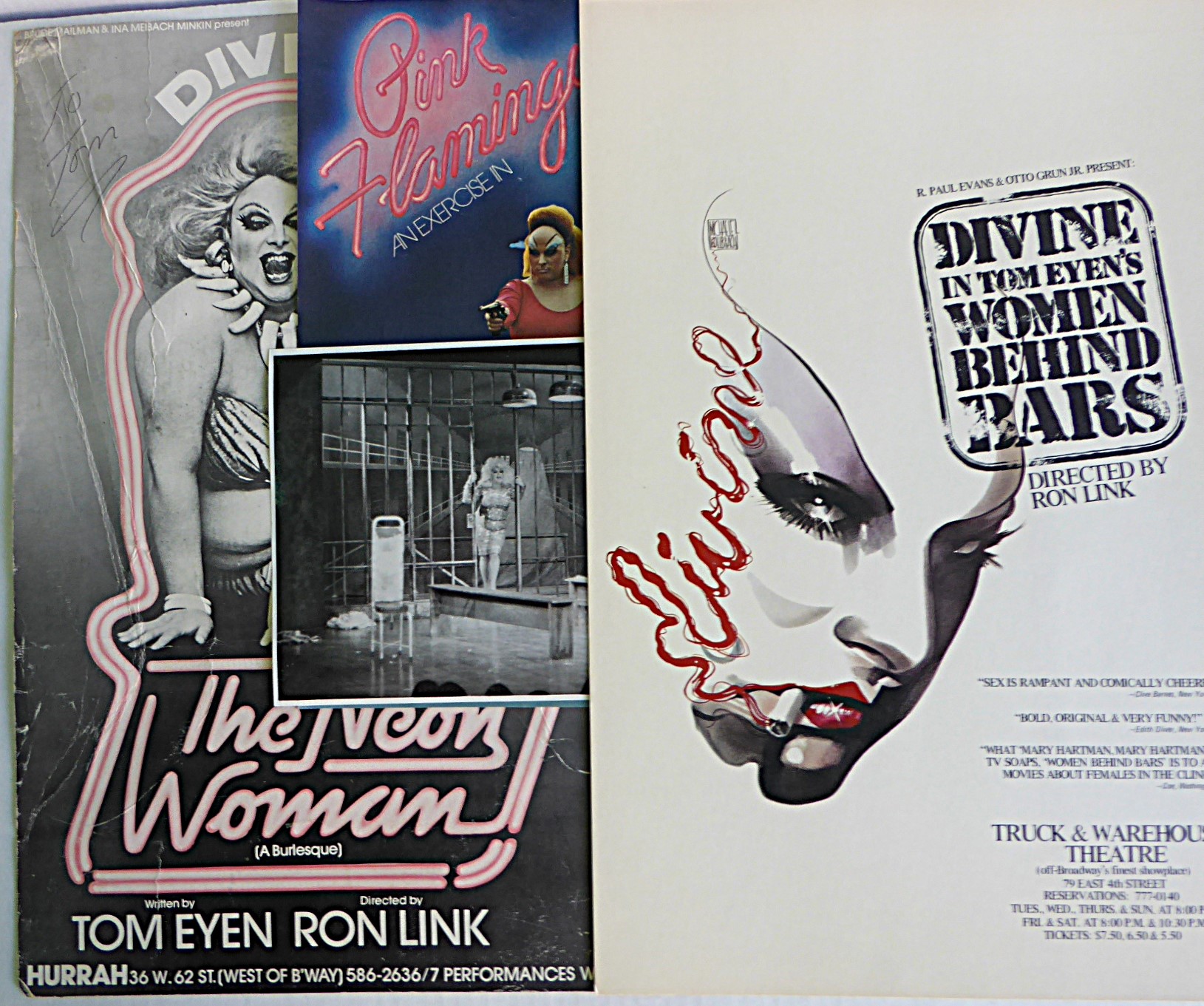 Divine Autographed Posters - Pink Flamingos - Women Behind Bars - The Neon Woman - Tom Eyen - John Waters 1970s