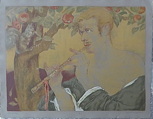 Art Deco Silkscreen by Marie MacPherson of "Blond Satyr" Playing Flute