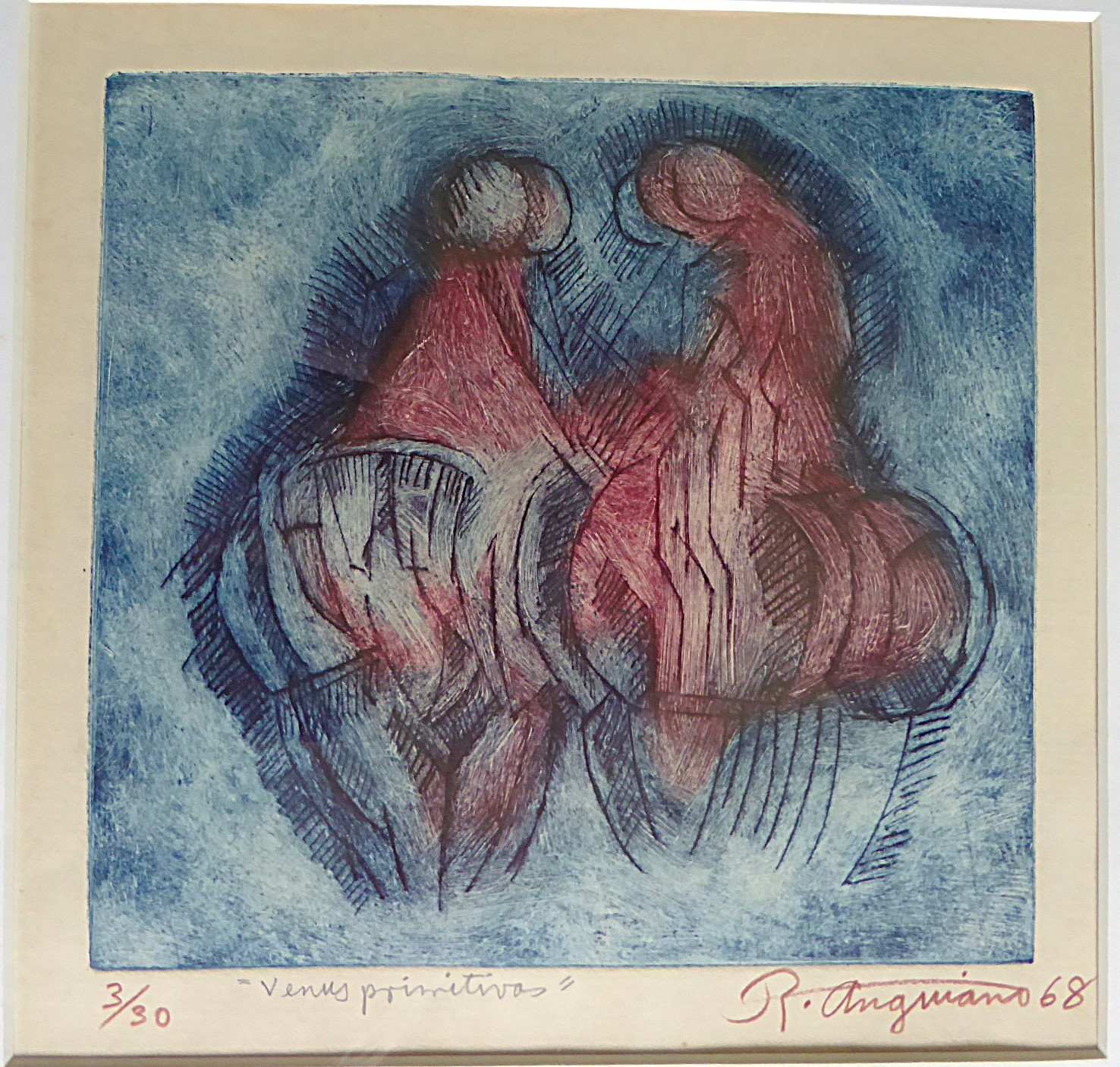 Latin American Mid Century Modern Framed Color Etching VENUS PRIMITIVAS by Raúl Anguiano Mexico1968