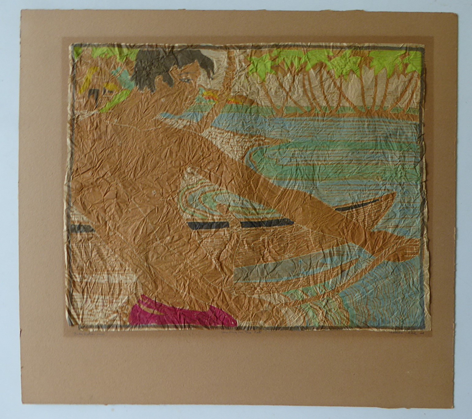 Tropical Modern Tahitian Scene Watercolor Painting on Crinkled Handmade Paper "Hauling in the Net"1950s