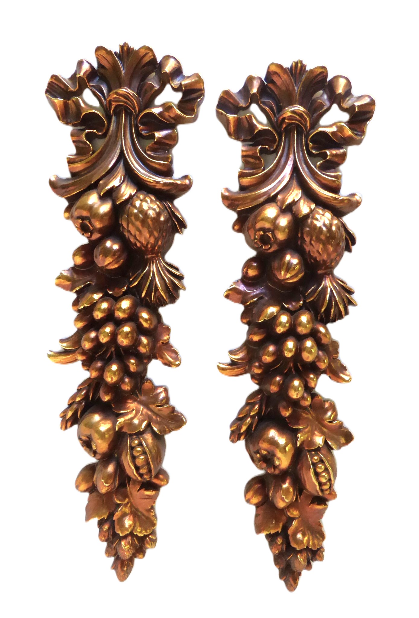 Hollywood Regency Syroco Wood Pair Della Robia Style Fruit & Bow Gilt Swag Wall Decor 1950s