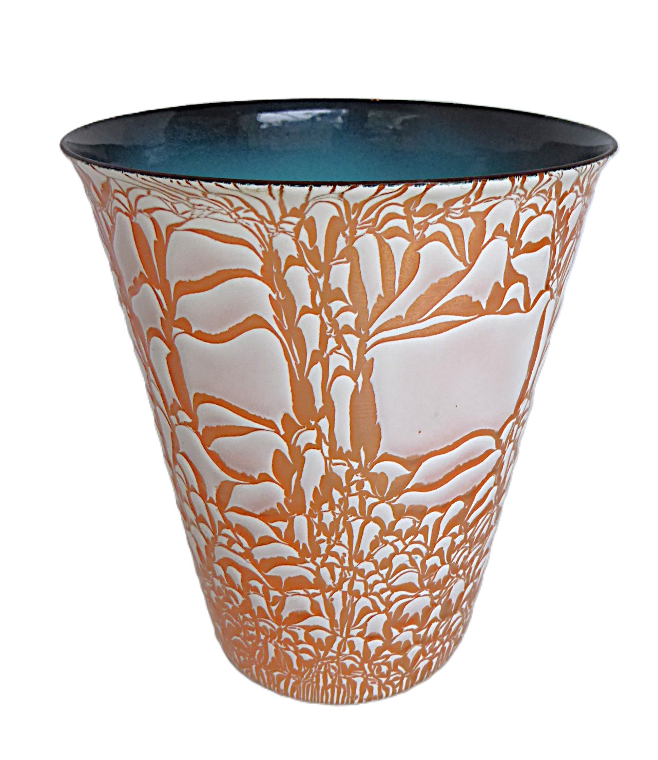 Copper Metal Enamel Large Mid Century Modern  Vessel with Abstract Design by Harold Tishler 1950s