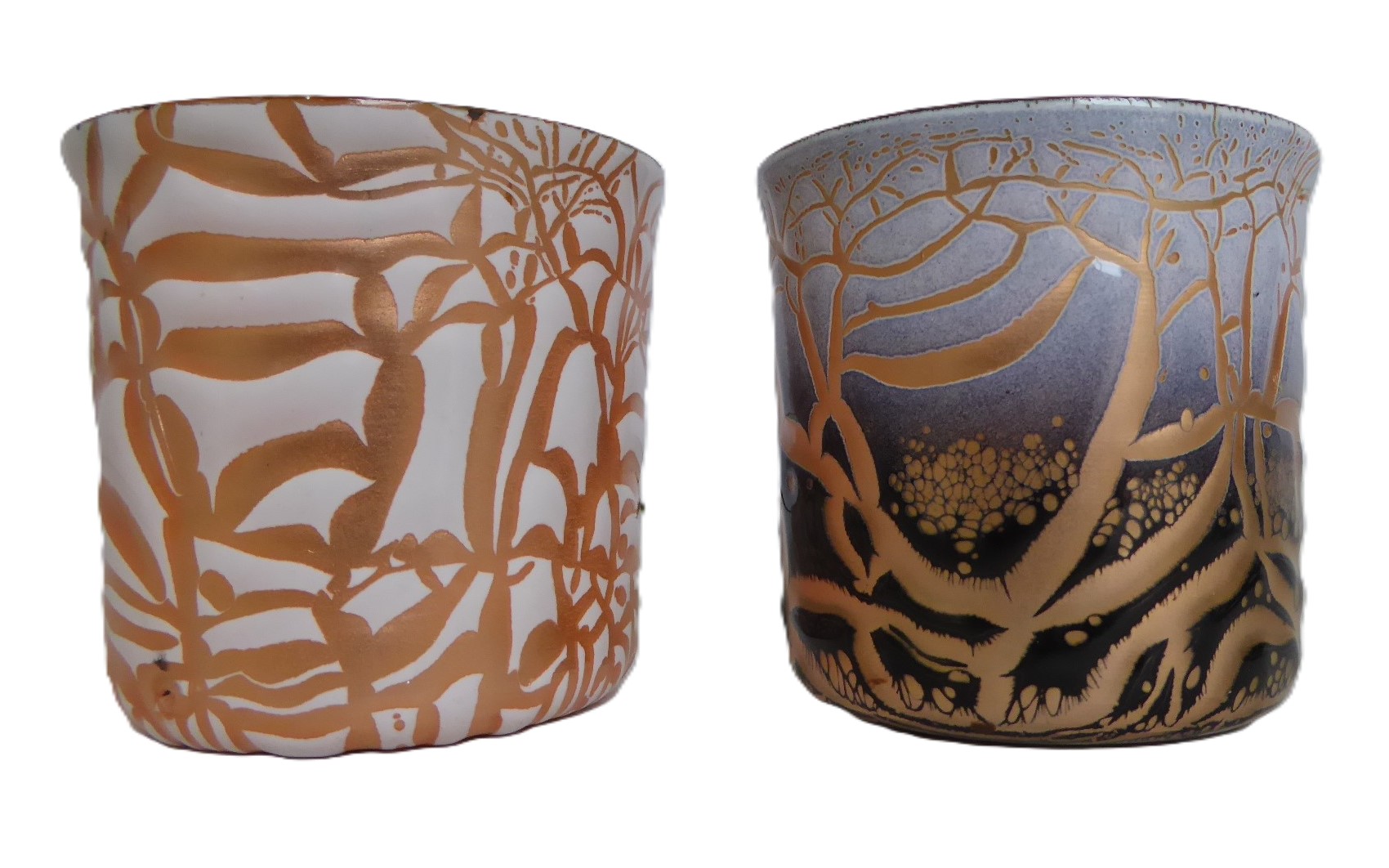 Two Small Copper Metal Enamel Mid Century Modern Vessels with Abstract Design by Harold Tishler 1950s