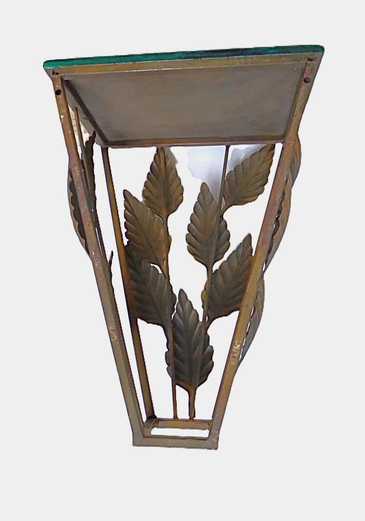 Hollywood Regency Leaves Design Gold Metal Wall Hanging Console w. Faux Malachite Wood Top Console 1970s