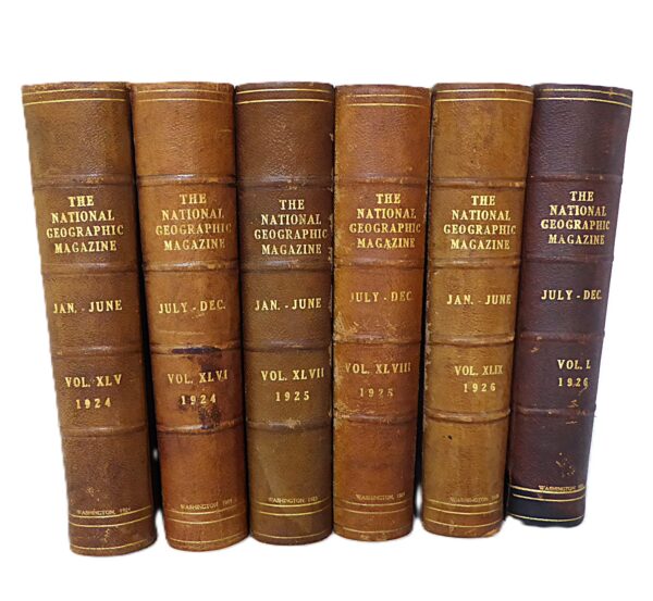 Antique The National Geographic Magazines in 6 Leather Spine Volumes of 1924, 1925 and 1926.