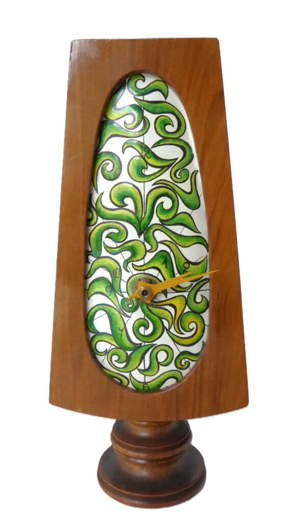 SOLD....Mid Century Modern Decorative Wood Table Clock w. Copper Enamel Dial, Spain 1950s