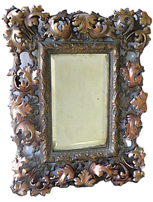 Antique Rococo Revival Bronze Wall Mirror w. Floral Motif France 19th. C.