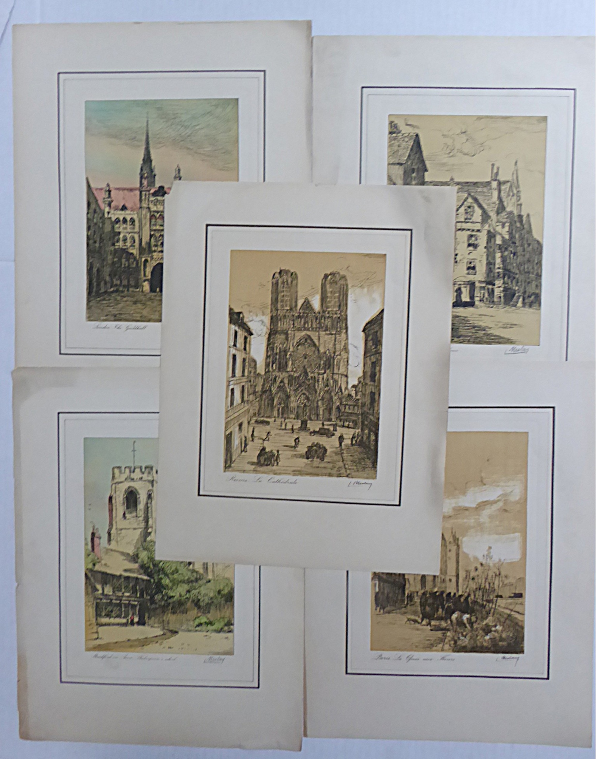 Group of 5 French Etchings by L. Meslay Early 20th Century England & France