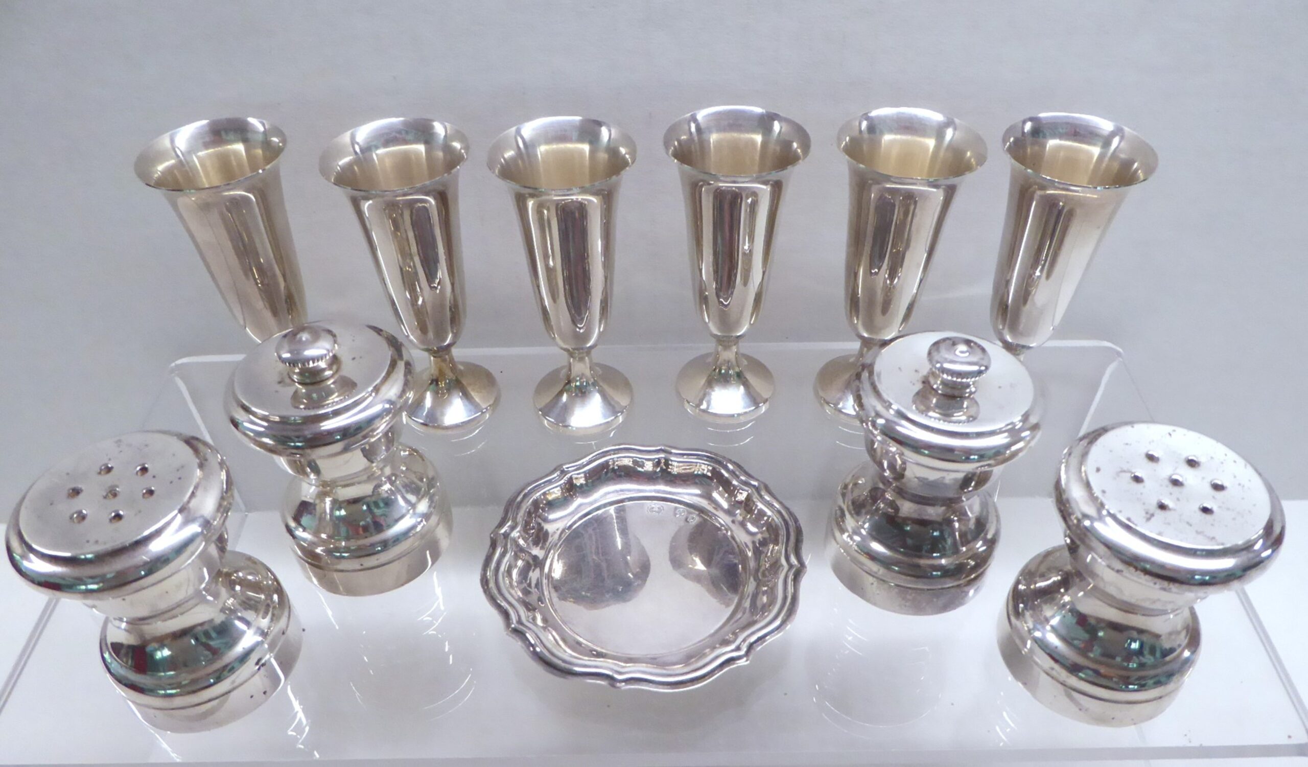 Vintage Sterling Silver Grouping 11 pieces Table Setting - Cordial Cups - Salt & Pepper - Petite Dish