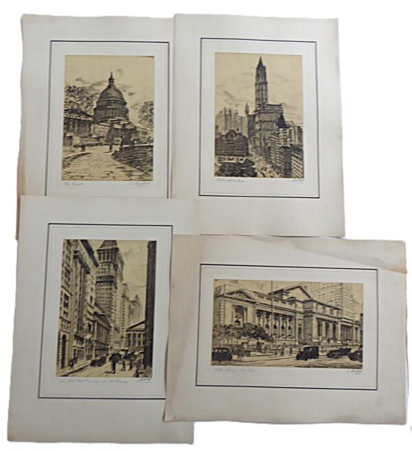 Group of 4 French Etchings by L. Meslay Early 20th Century- New York City & Washington D. C. Early 20th Century