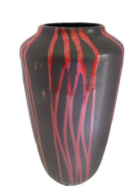 Scheurich Mid Century Modern Pottery Floor Vase w Flowing Red Decoration Germany