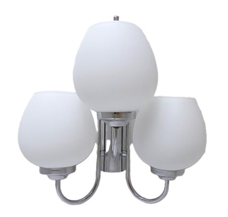 Mid Century Modern 3- Light Chrome Sconce Wall Light w. Satin Glass Globes, Spain 60s